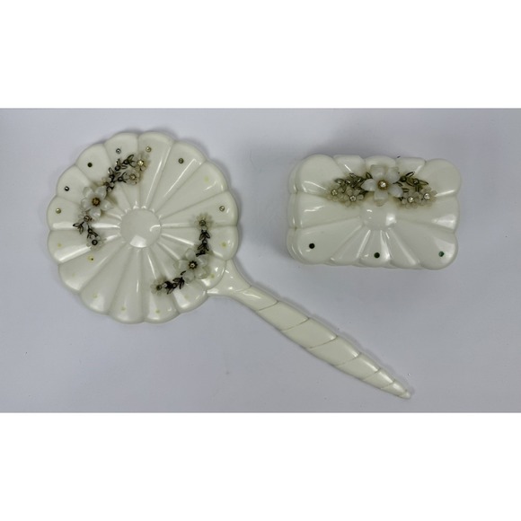 Menda Other - Vintage Menda 1950's Embellished White trinket box w/Matching  Handheld Mirror